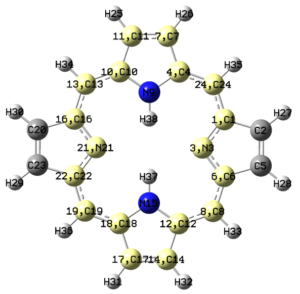 Porphyrin with the atom indices used to define a delocalization path