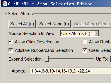 GaussView Atom Selection Editor with the atom indices of the path entered