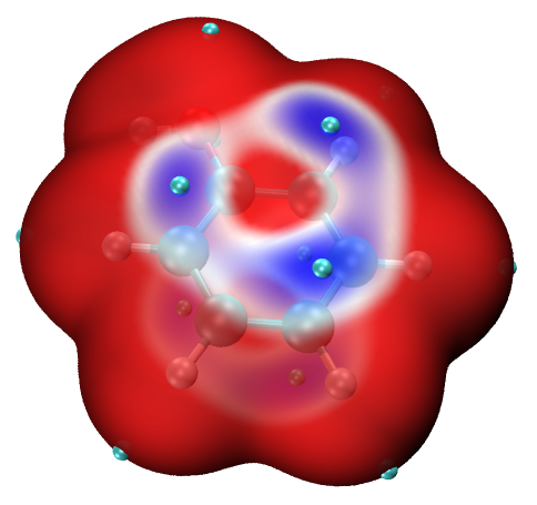 Average local ionization energy color-mapped molecular surface of phenol plotted with VMD