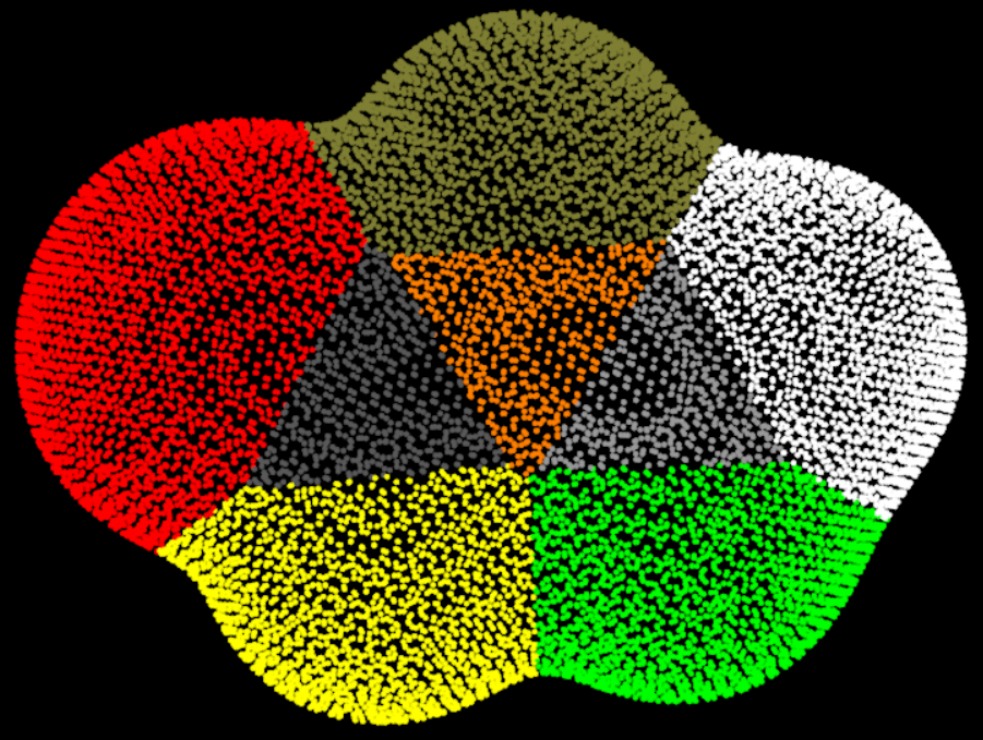 Surface facets of acrolein coloured according to the atom they belong to