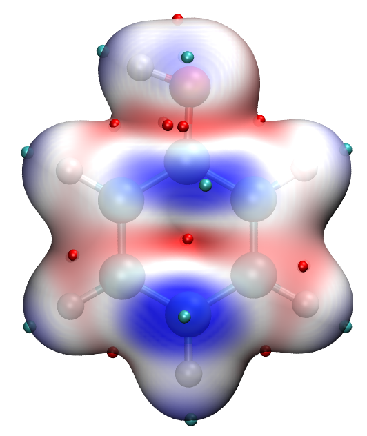 Fukui function f- color-mapped molecular surface of phenol plotted with VMD