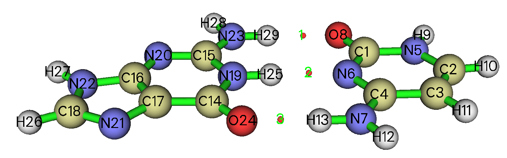 Guanine-cytosine base pair with atom indices and the surface maxima