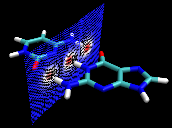 Becke surface of the guanine-cytosine base pair plotted as points in VMD