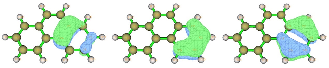 The 0.03 isosurfaces of the three six-center two-electron AdNDP orbitals of phenanthrene