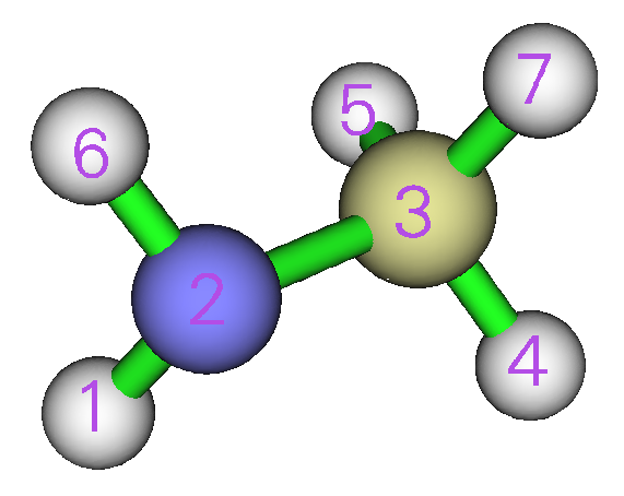 Molecular structure with the attractor indices of the N and C atoms labelled