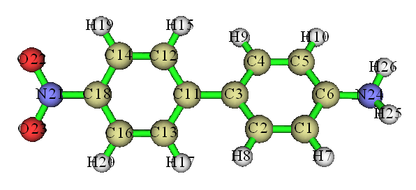 Structure of NH2-biphenyl-NO2 with atom indices