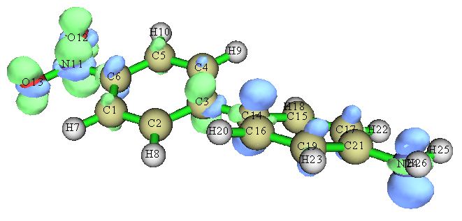 Hole and electron distribution of the excitation shown on the molecular structure