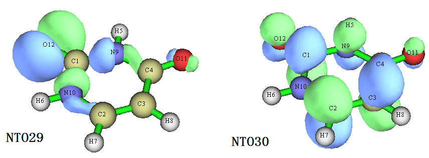 The occupied NTO 29 and the virtual NTO 30 of uracil