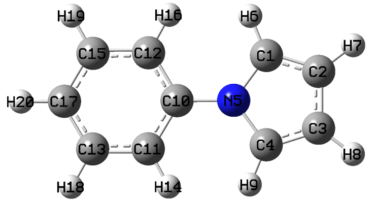 Structure of N-phenylpyrrole with atom indices