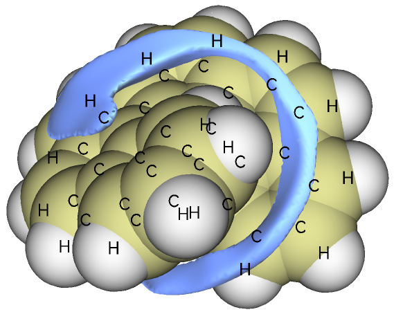 The van der Waals potential isosurface of helicene shown with the molecular skeleton