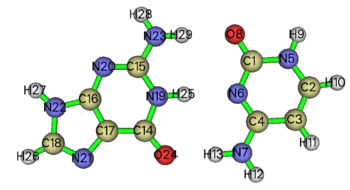 Structure of the GC base pair with atom indices