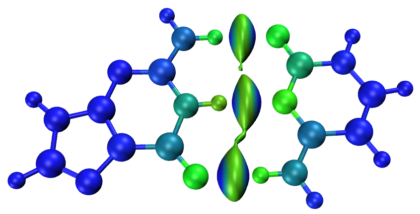 Color-filled delta-g-inter isosurface of the GC base pair