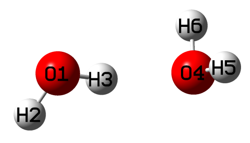 The water dimer with the atom labels used in the EDA-FF analysis