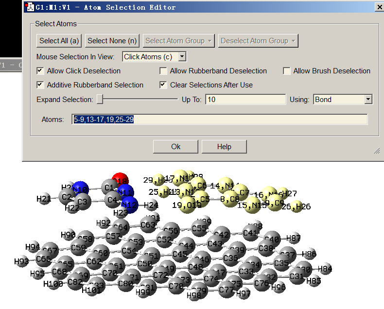 The Atom selection dialog of VMD used to renumber the atoms