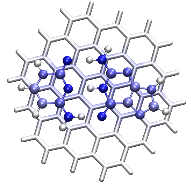 The four molecules of the system shown in different colours