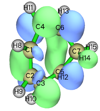The pi orbital of cycloheptatriene shown with atom labels