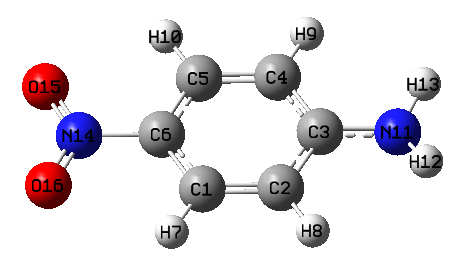 Structure of 4-nitroaniline with atom labels