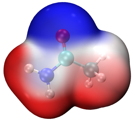 ESP-coloured van der Waals surface of acetamide with the surface extrema