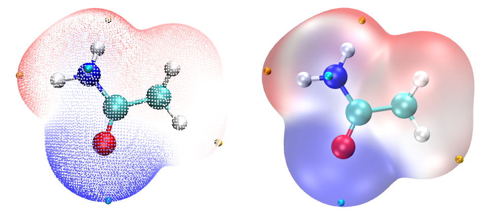 ESP-mapped surfaces of the molecules of the 1/2/3/4.fch set