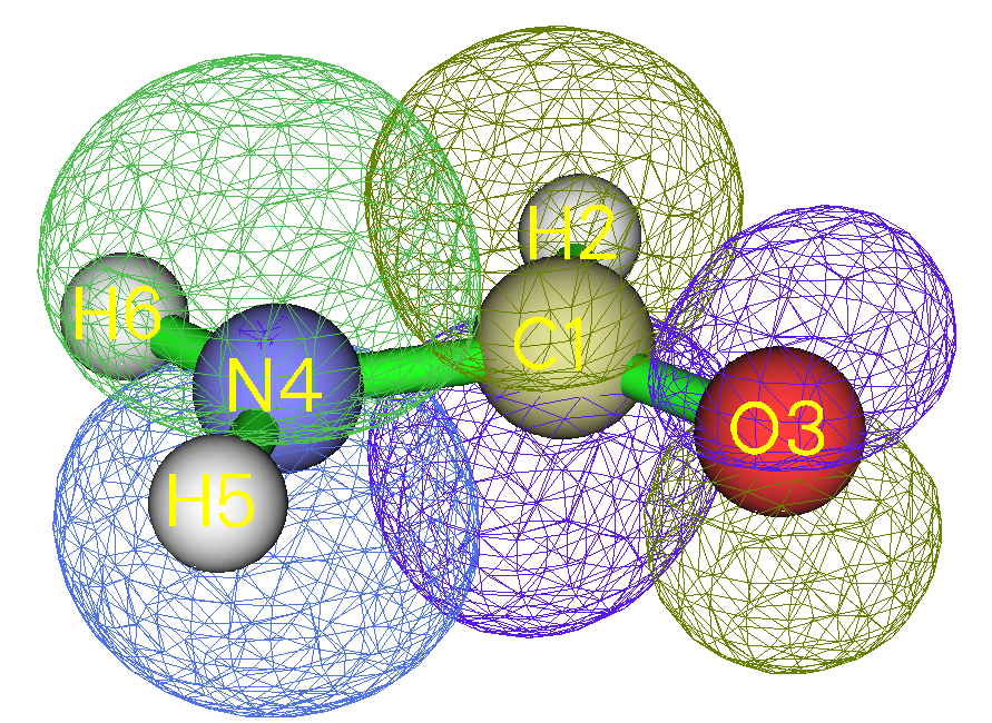 Ball-and-stick molecule with numbered atom labels and four large mesh isosurface spheres