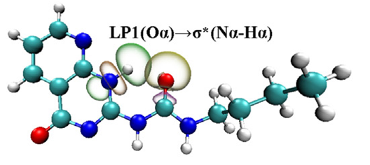 Molecular model with orbital lobes, captioned LP1(Oα)→σ*(Nα-Hα)