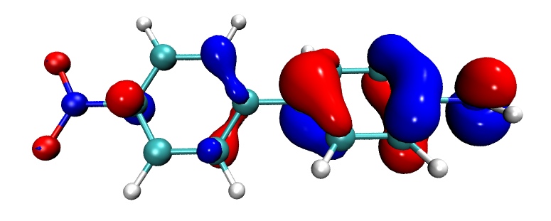 Ball-and-stick molecule with large red and blue molecular-orbital lobes