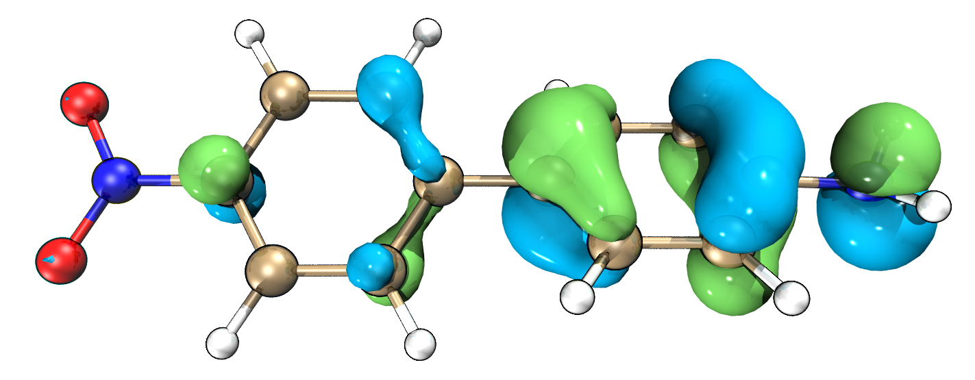 Ball-and-stick molecule with red O atoms and cyan/green molecular-orbital lobes