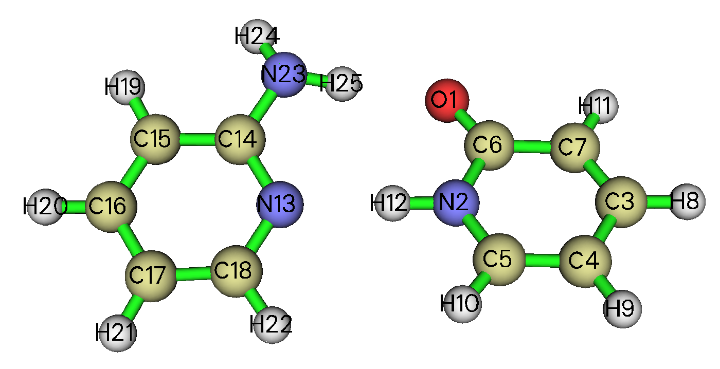 Ball-and-stick model of the 2-pyridoxine 2-aminopyridine dimer with numbered atom labels