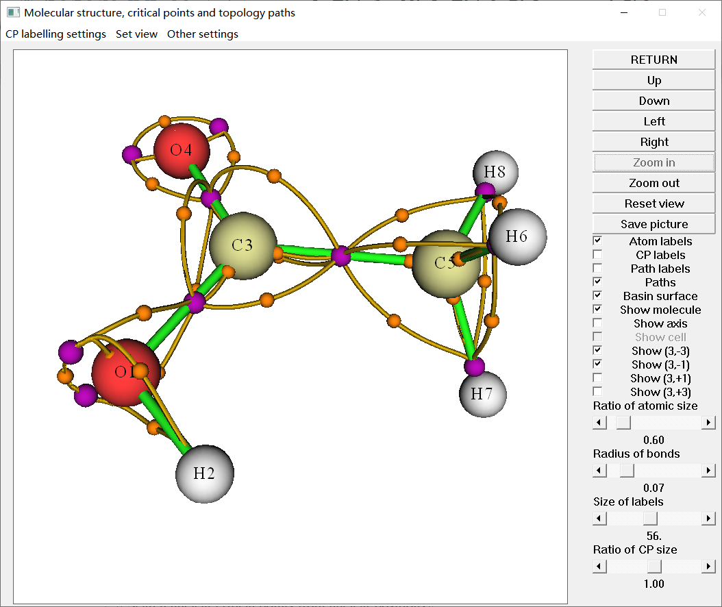 Multiwfn window showing topology paths linking critical points of acetic acid