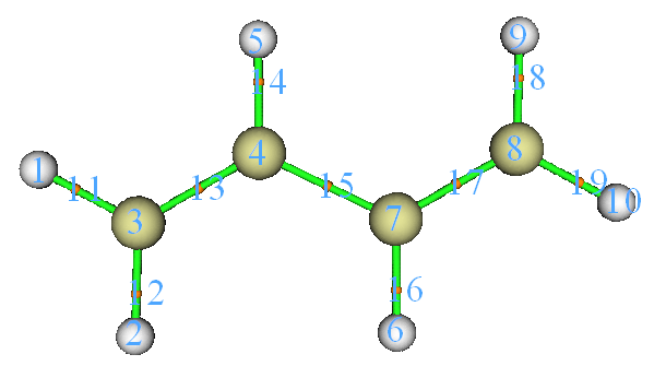 Ball-and-stick model of butadiene with critical point labels