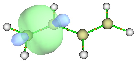 Ball-and-stick model of butadiene with the isosurface of localized orbital 11