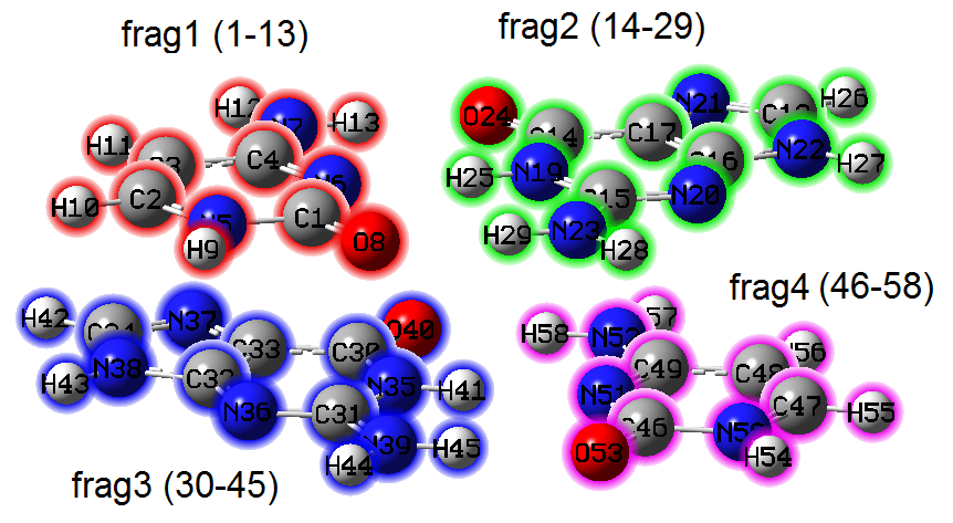 The four fragments of the G-C base pair labelled frag1 to frag4