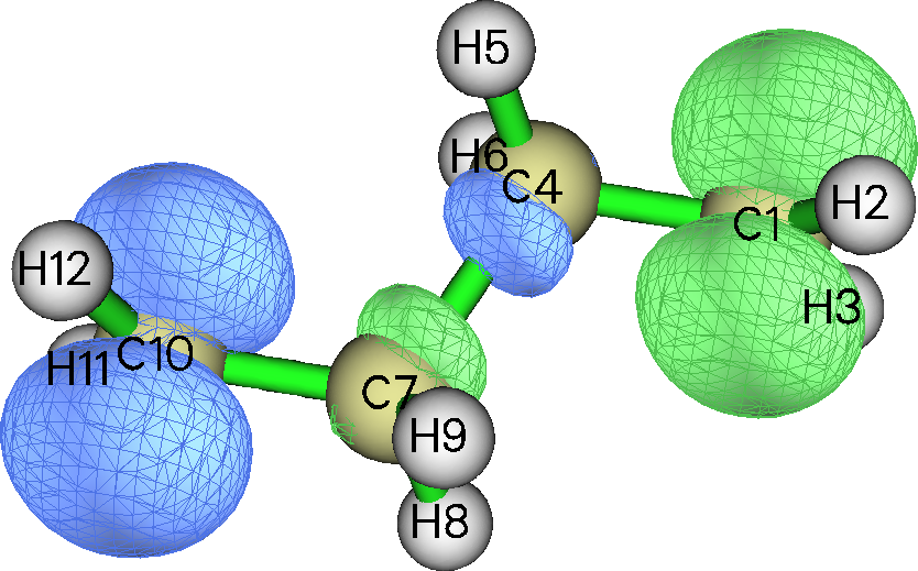 Spin density isosurfaces of the C4H8 biradical with atom labels