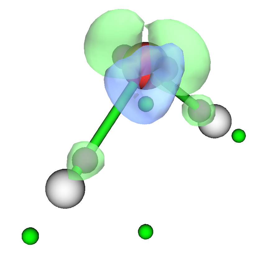 Isosurfaces of the deformation density of H2O with the located critical points