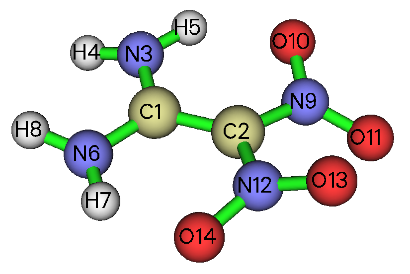 Molecular structure of FOX-7 with atom indices