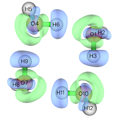 ELF isosurfaces of the four water monomers in the tetramer