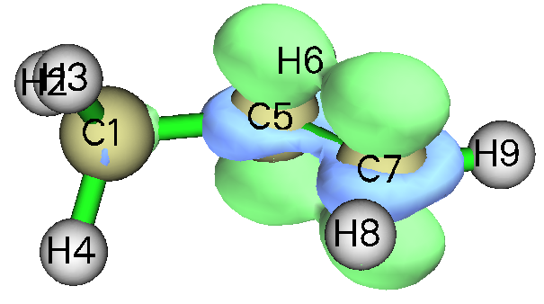 Isosurface map of the Fukui function for radical attack (f0 = 0.01) of propylene