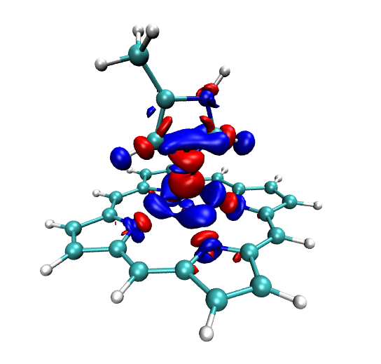 Electron density difference of imidazole coordinated magnesium porphyrin plotted in VMD