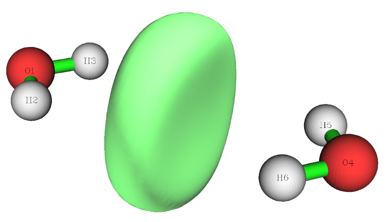 Electron delocalization range EDR(r;d) isosurface of the anionic water dimer