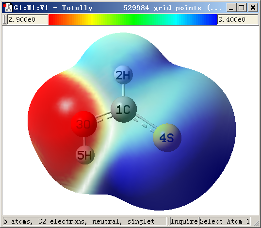 Orbital overlap distance function D(r) of thioformic acid displayed as a colour-mapped surface