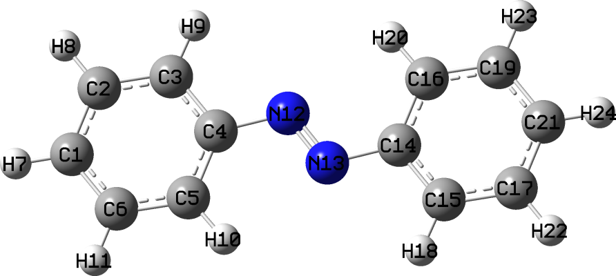 Azobenzene created in GaussView before correcting the conjugation representation