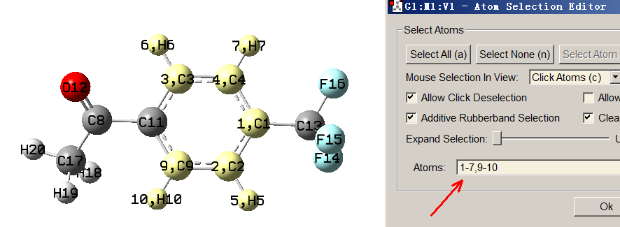 GaussView's Atom Selection Editor with atoms 1-7,9-10 entered