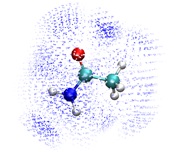 ESP reproduction error at the fitting points of acetamide, bluer means larger error