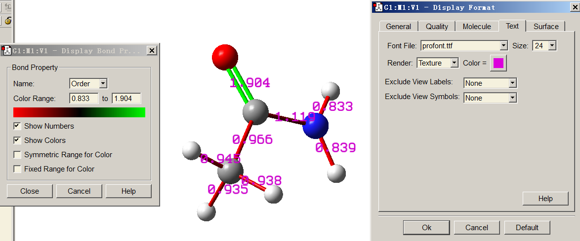 GaussView showing the bond orders of acetamide as colours and numbers