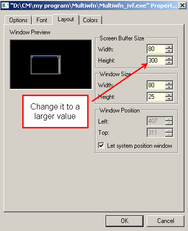 The console Properties dialog used to increase the number of recorded output lines