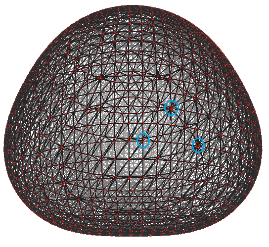 Molecular surface mesh with the surface extrema marked in red; the local surfaces around three chosen extrema are circled in blue
