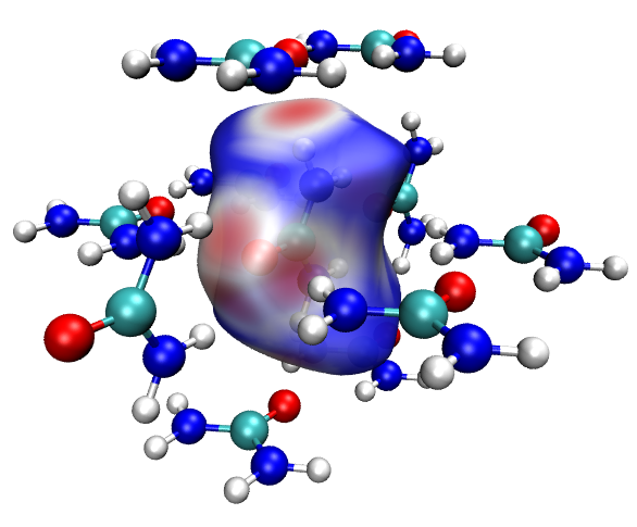 Hirshfeld surface of a molecule surrounded by its neighbours, coloured by a mapped function