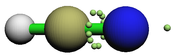 Ball-and-stick rendering of a molecule drawn with spheres of very unequal size, illustrating the attractors and their basins
