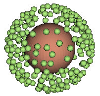 A single large sphere completely enclosed by a dense shell built from many small spheres, illustrating a core basin surrounded by valence basins