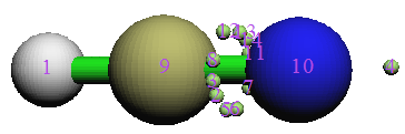 The same sphere-and-bond rendering with magenta basin numbers, showing the basin index of every attractor